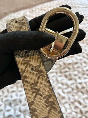 Michael Kors Beige Brown Logo Belt with Gold Buckle